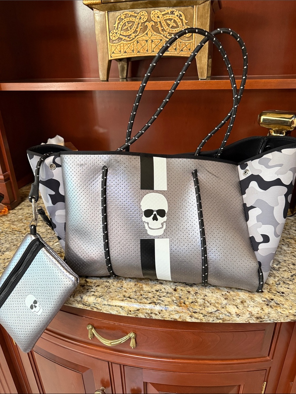 Haute Shore Skull Stripe Grey Neoprene Tote with Camo Sides